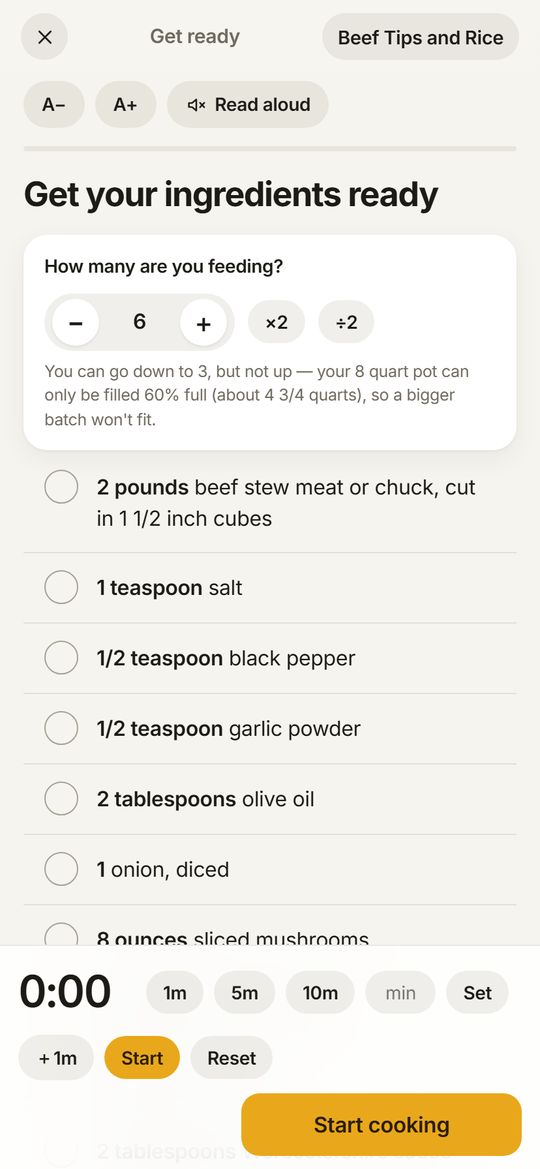 Cook mode with the serving size control