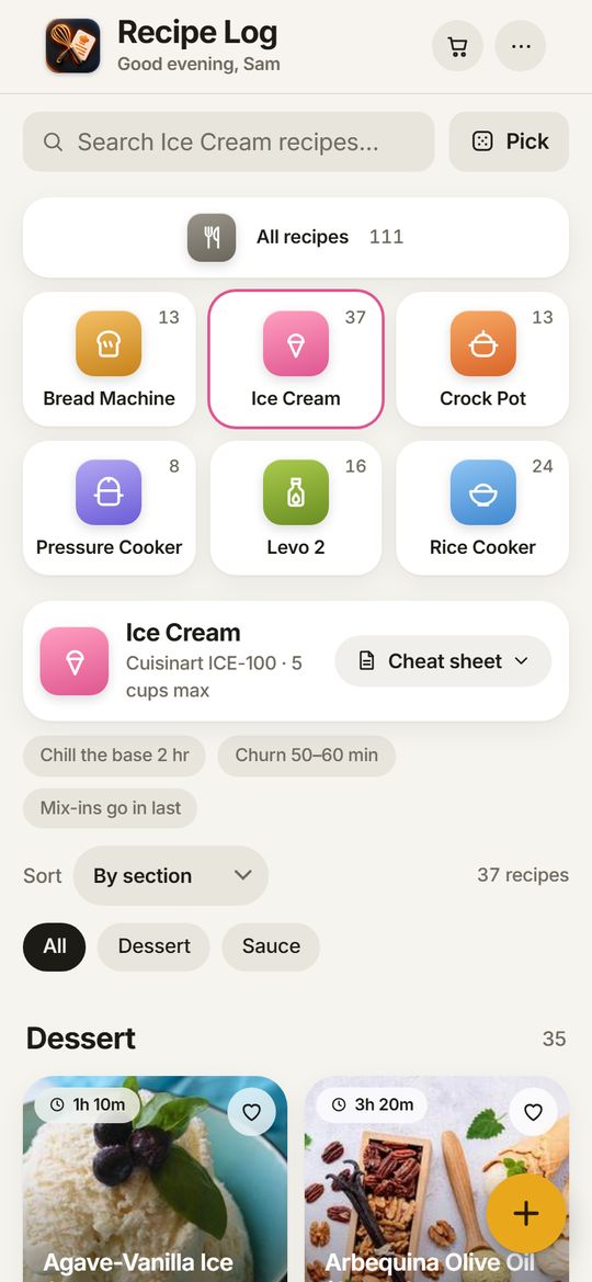 The machine tabs and the ice cream cheat sheet